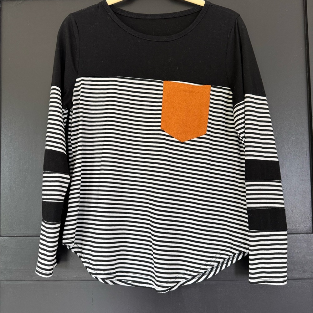 Striped Long Sleeve Top with Orange Pocket